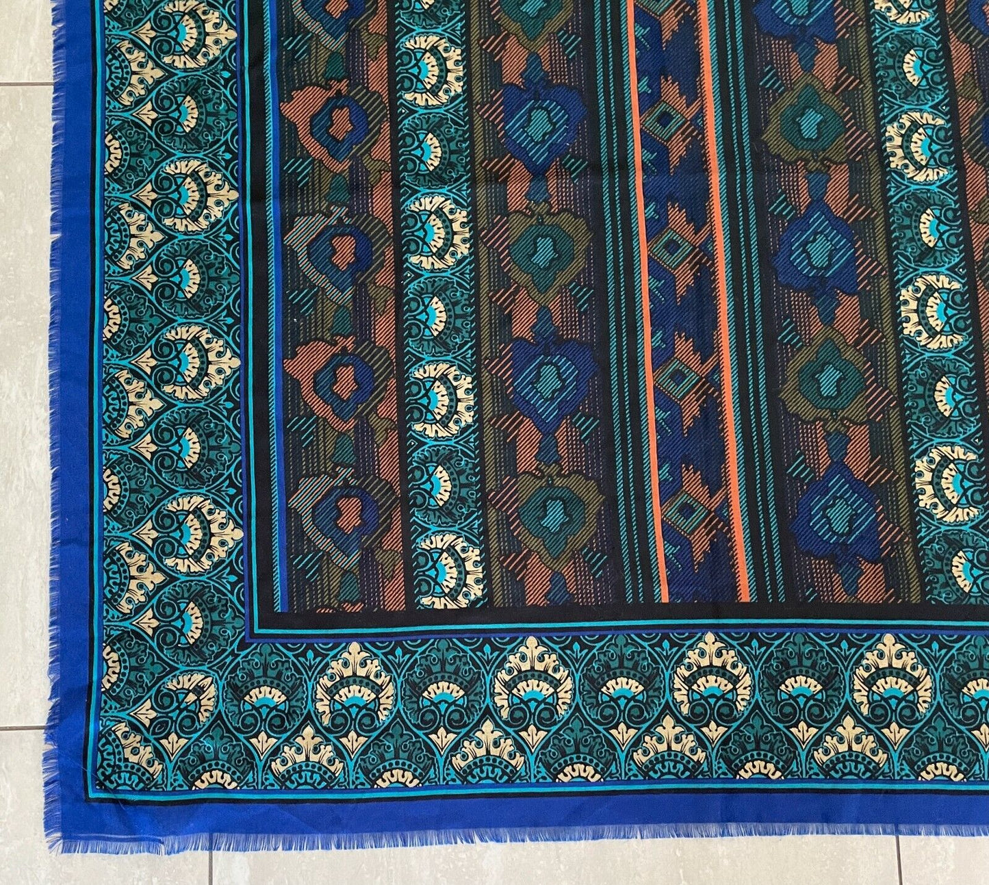 Neck SCARF Italian Square Blue Green Black Gold Brown Multi Print Fringe NEW