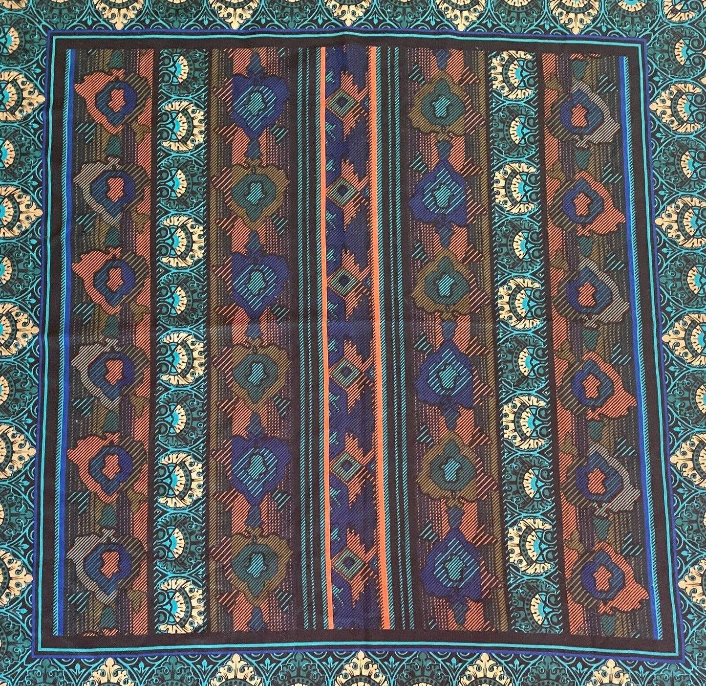 Neck SCARF Italian Square Blue Green Black Gold Brown Multi Print Fringe NEW