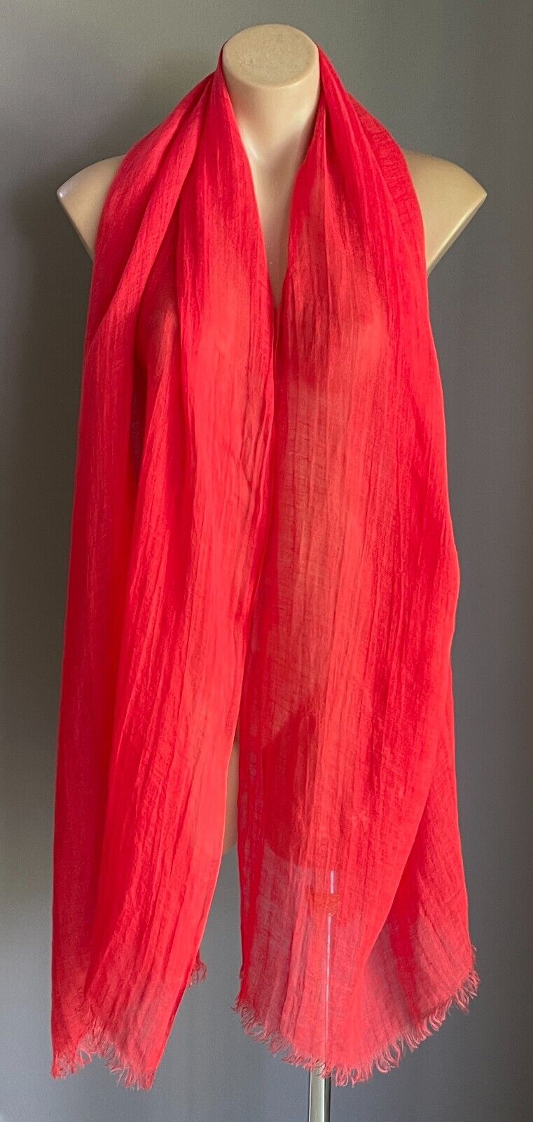Neck SCARF  Red Lightweight Semi Sheer Shawl Rectangle Fringe Trim 61 x 208cm