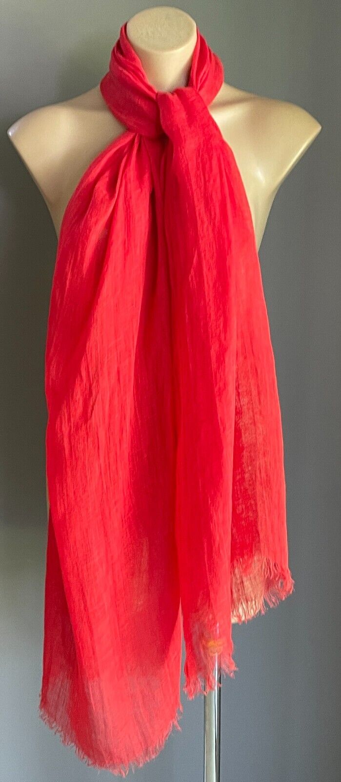 Neck SCARF  Red Lightweight Semi Sheer Shawl Rectangle Fringe Trim 61 x 208cm