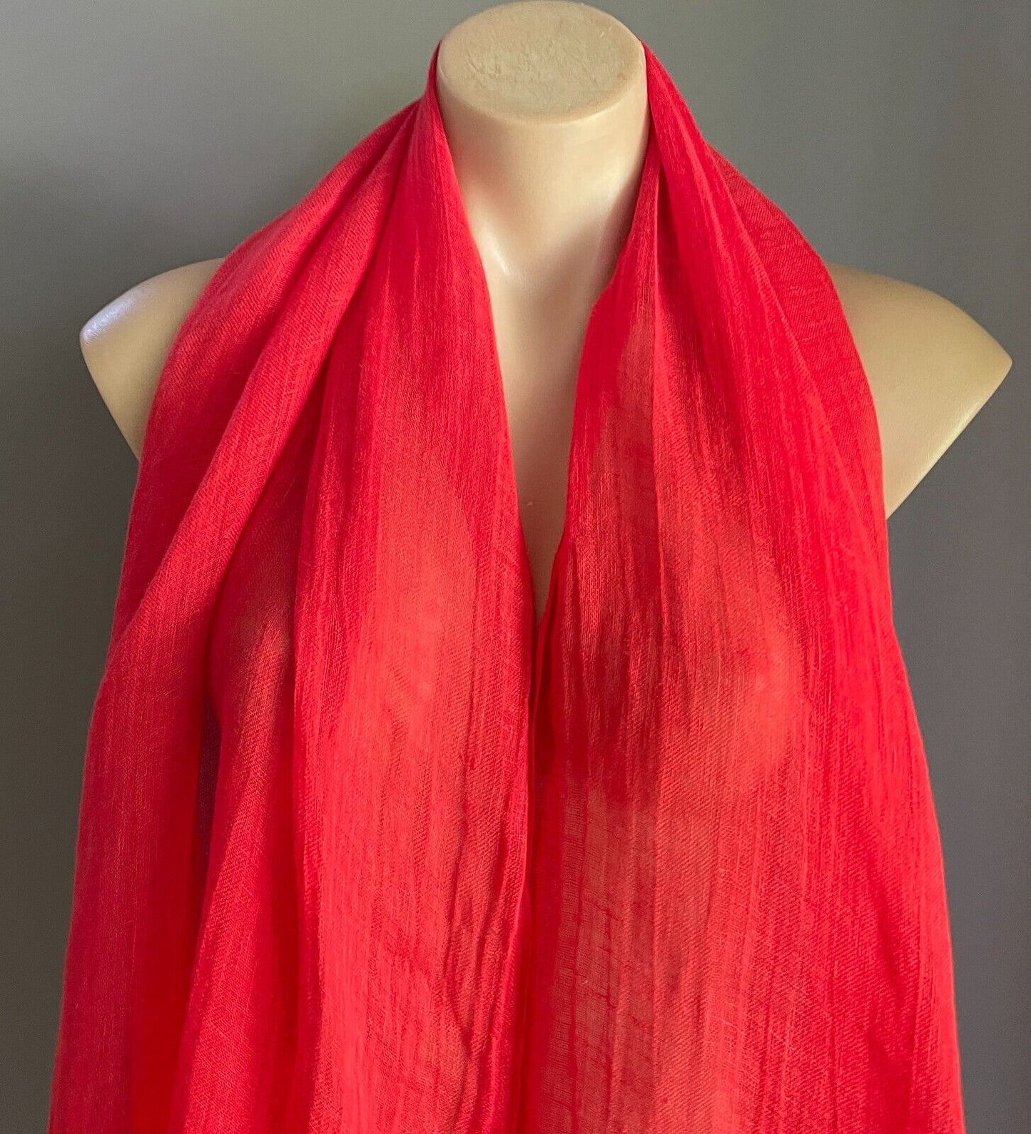 Neck SCARF  Red Lightweight Semi Sheer Shawl Rectangle Fringe Trim 61 x 208cm