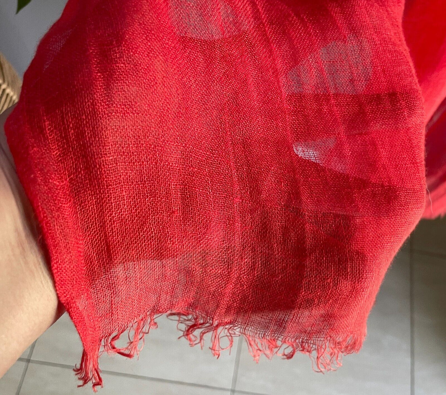 Neck SCARF  Red Lightweight Semi Sheer Shawl Rectangle Fringe Trim 61 x 208cm