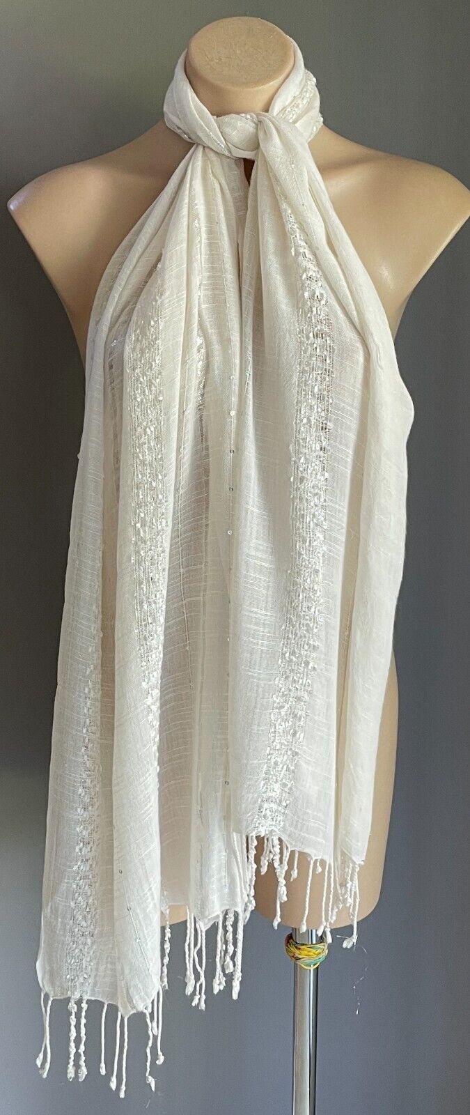 SPORTSGIRL Neck SCARF  White Silver Lurex Shawl Rectangle Glitter 53x186cm NEW