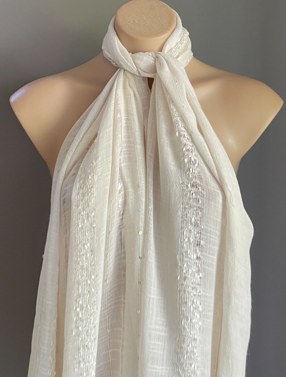 SPORTSGIRL Neck SCARF  White Silver Lurex Shawl Rectangle Glitter 53x186cm NEW