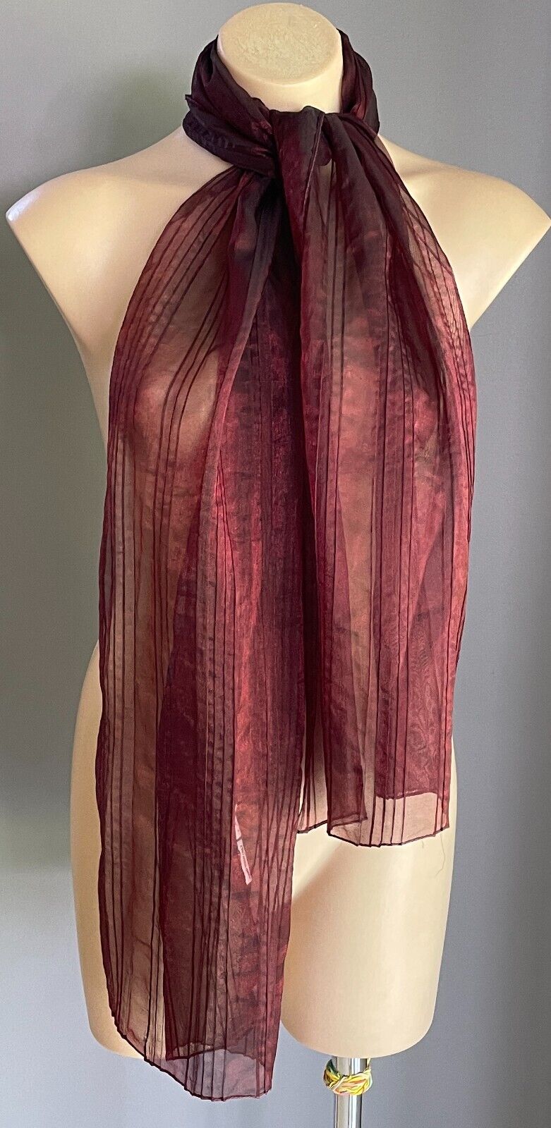 Neck SCARF Burgundy Iridescent Textured Organza Shawl Rectangle Crease Pleated