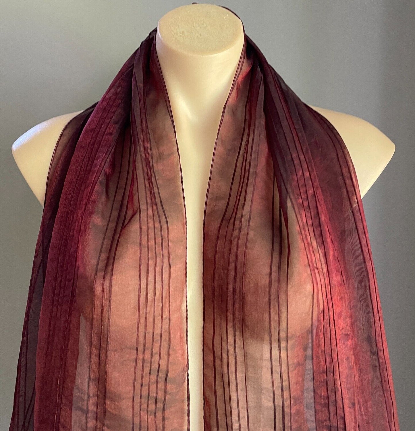 Neck SCARF Burgundy Iridescent Textured Organza Shawl Rectangle Crease Pleated