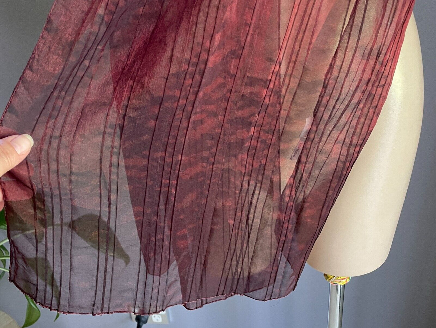 Neck SCARF Burgundy Iridescent Textured Organza Shawl Rectangle Crease Pleated