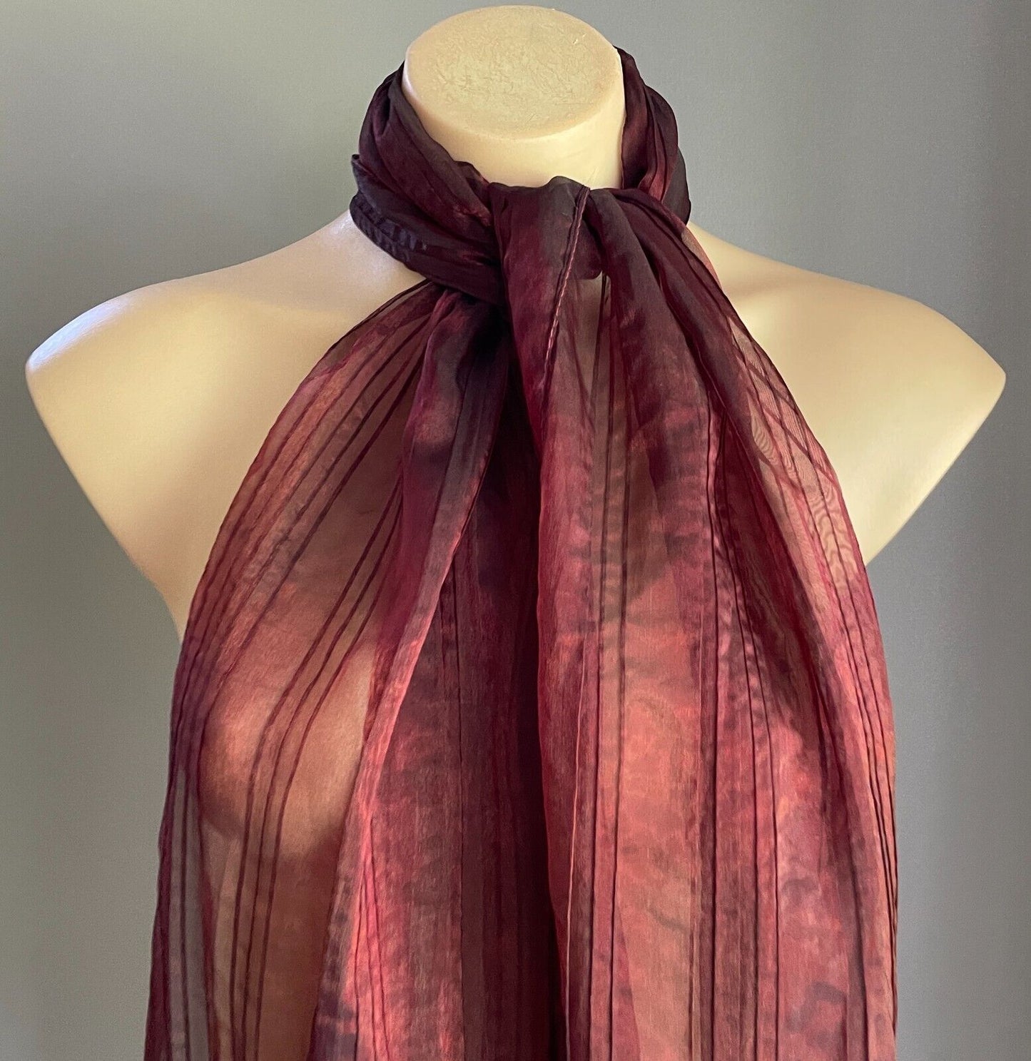 Neck SCARF Burgundy Iridescent Textured Organza Shawl Rectangle Crease Pleated
