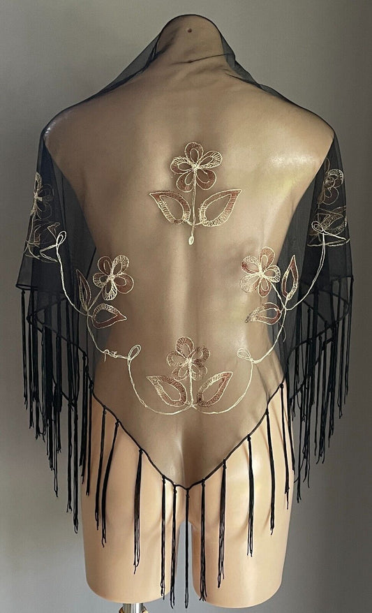 Fringed Shawl Ladies Black Mesh Net Embroidered Cream Brown Flowers