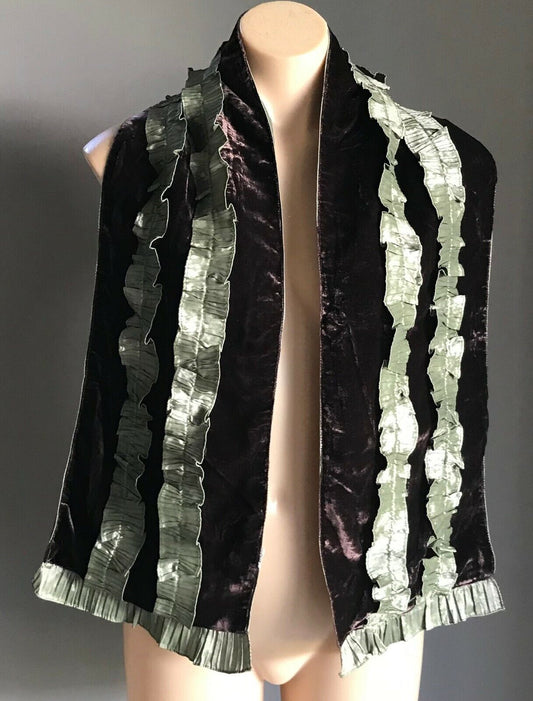 Vintage Velvet SCARF Sage Green Satin Ruffle Trim Aubergine Purple Velvet Shawl