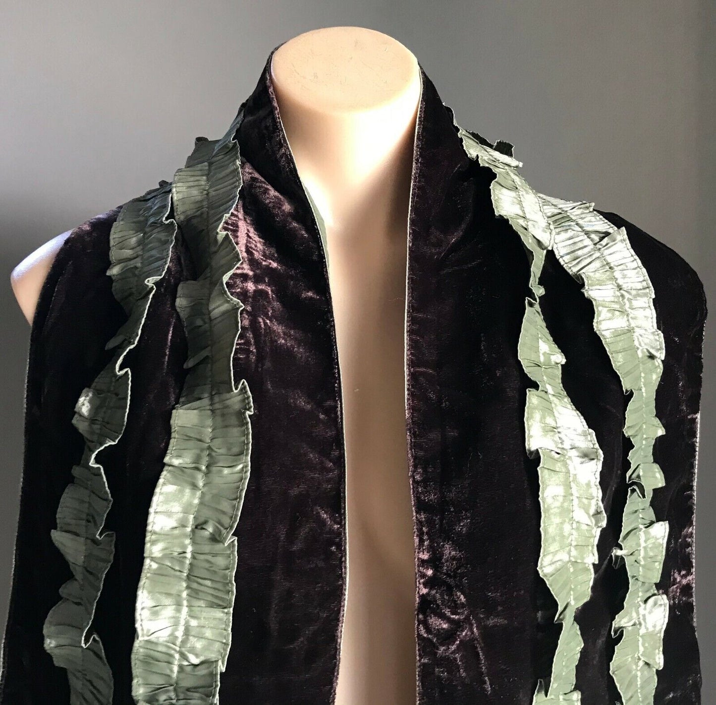 Vintage Velvet SCARF Sage Green Satin Ruffle Trim Aubergine Purple Velvet Shawl