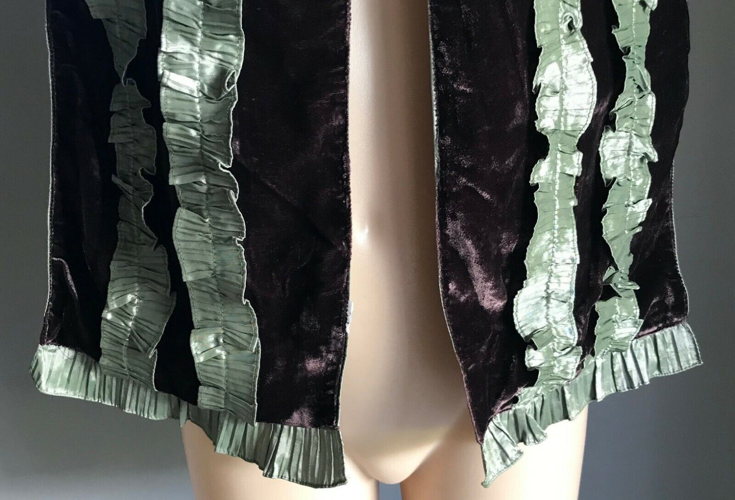 Vintage Velvet SCARF Sage Green Satin Ruffle Trim Aubergine Purple Velvet Shawl