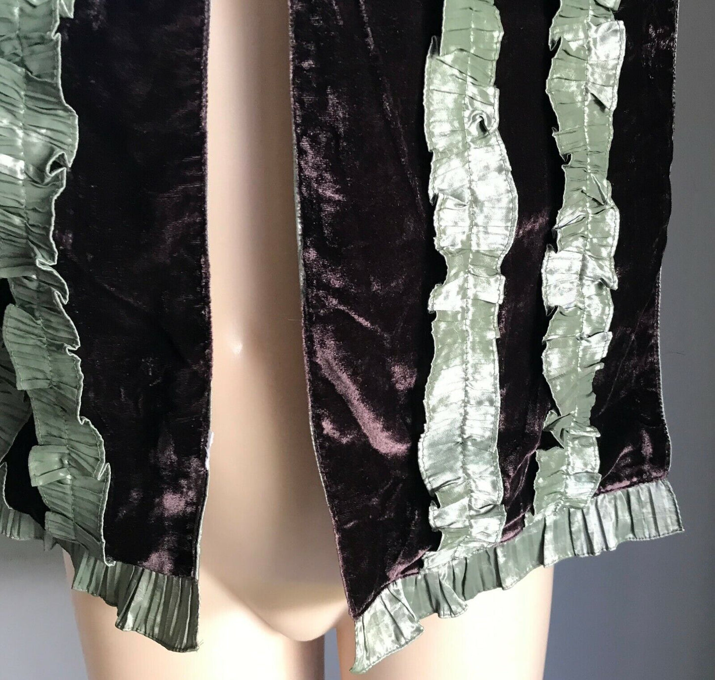 Vintage Velvet SCARF Sage Green Satin Ruffle Trim Aubergine Purple Velvet Shawl
