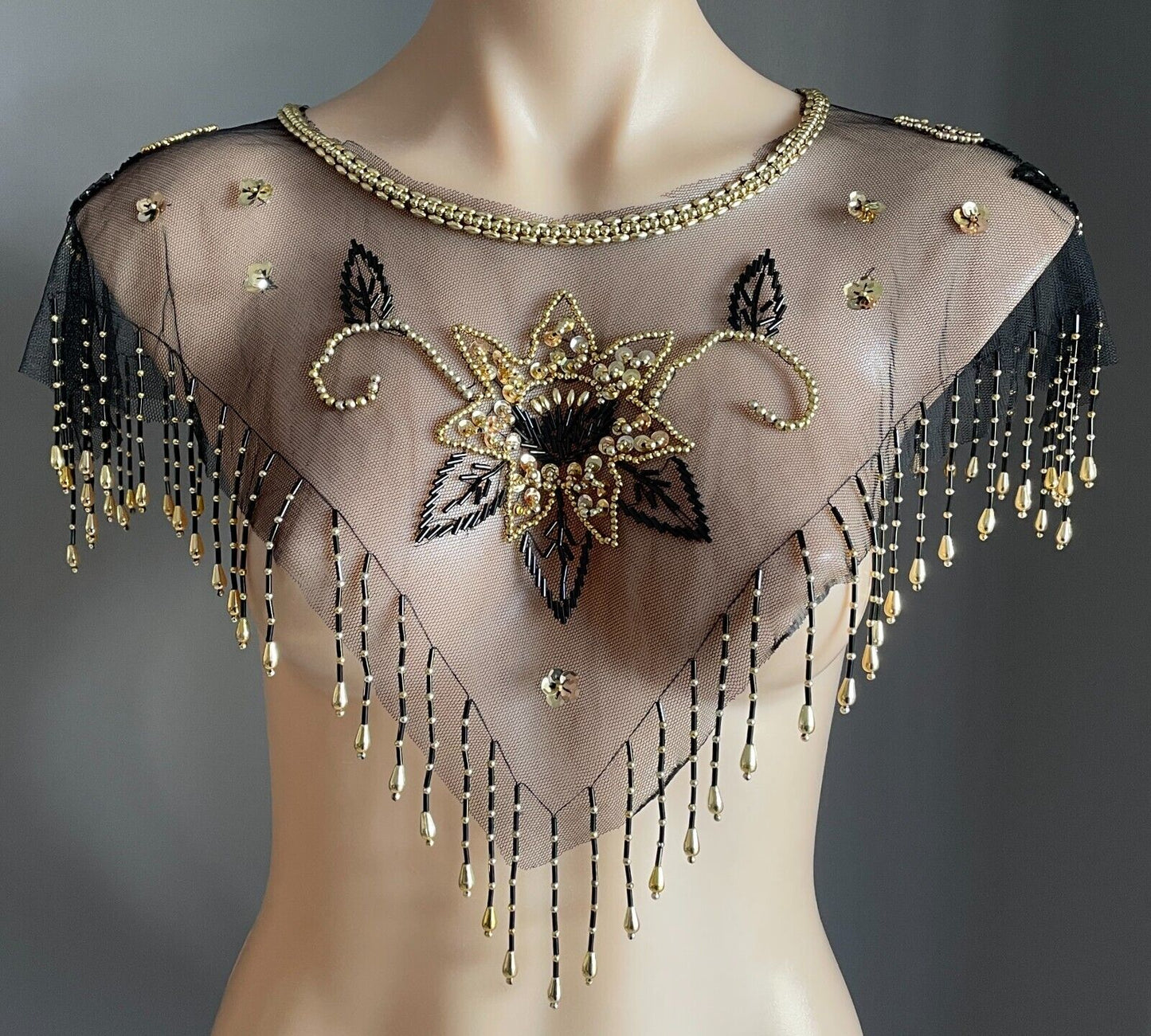 Black Mesh Net Collar Evening Shawl Black Gold Bead Sequin Bolero Flapper 1920s