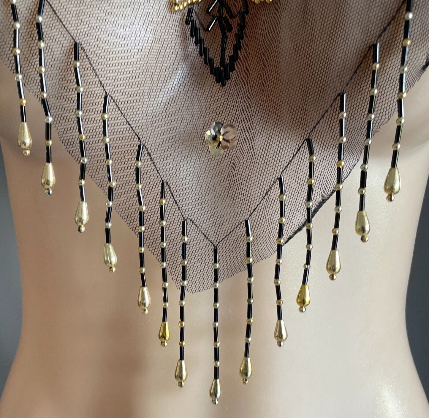 Black Mesh Net Collar Evening Shawl Black Gold Bead Sequin Bolero Flapper 1920s
