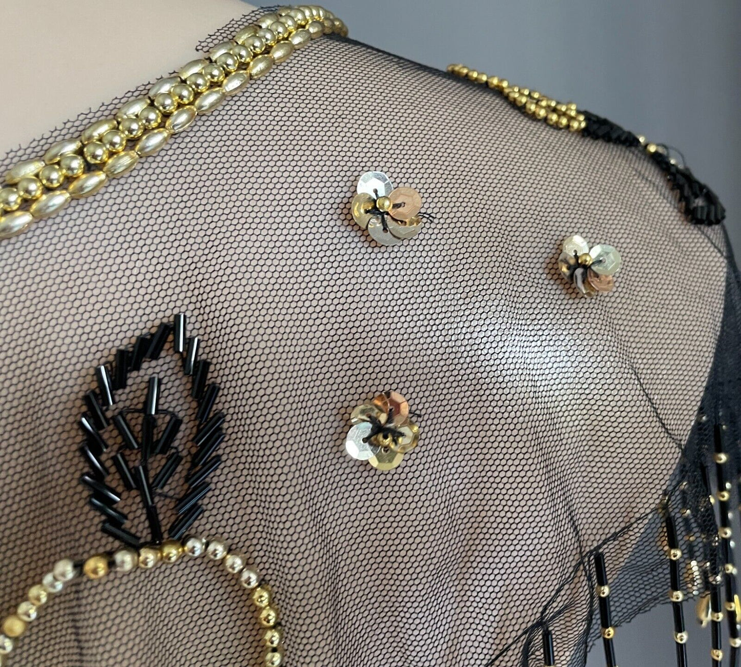 Black Mesh Net Collar Evening Shawl Black Gold Bead Sequin Bolero Flapper 1920s
