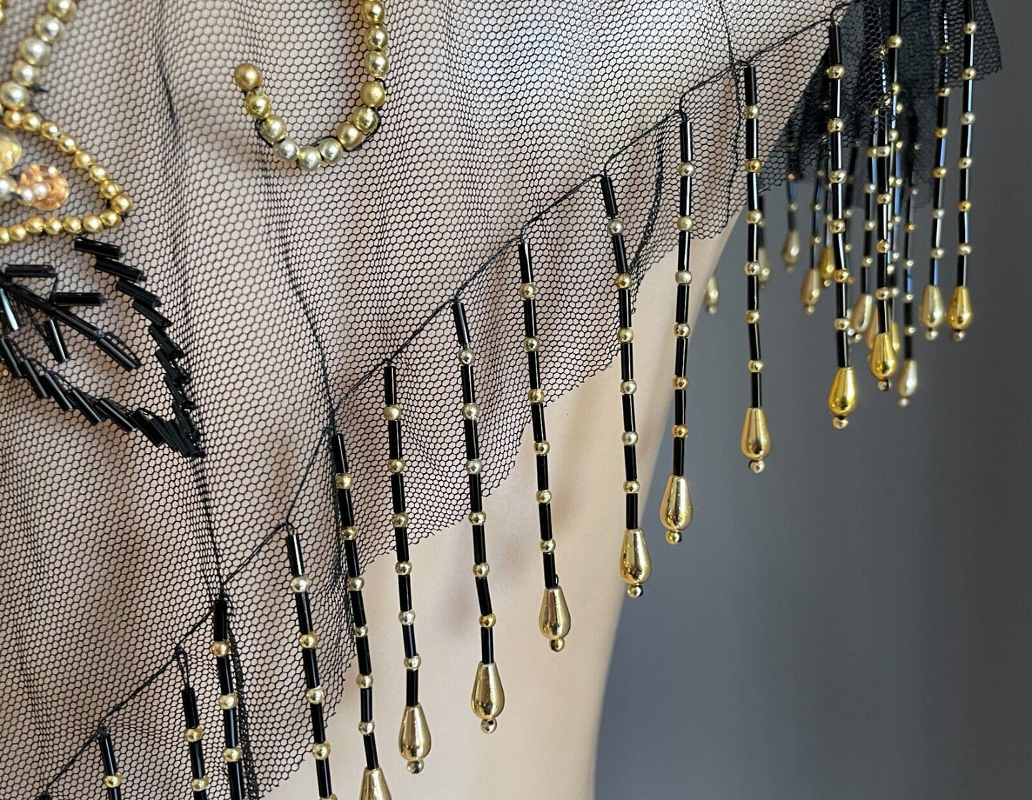 Black Mesh Net Collar Evening Shawl Black Gold Bead Sequin Bolero Flapper 1920s