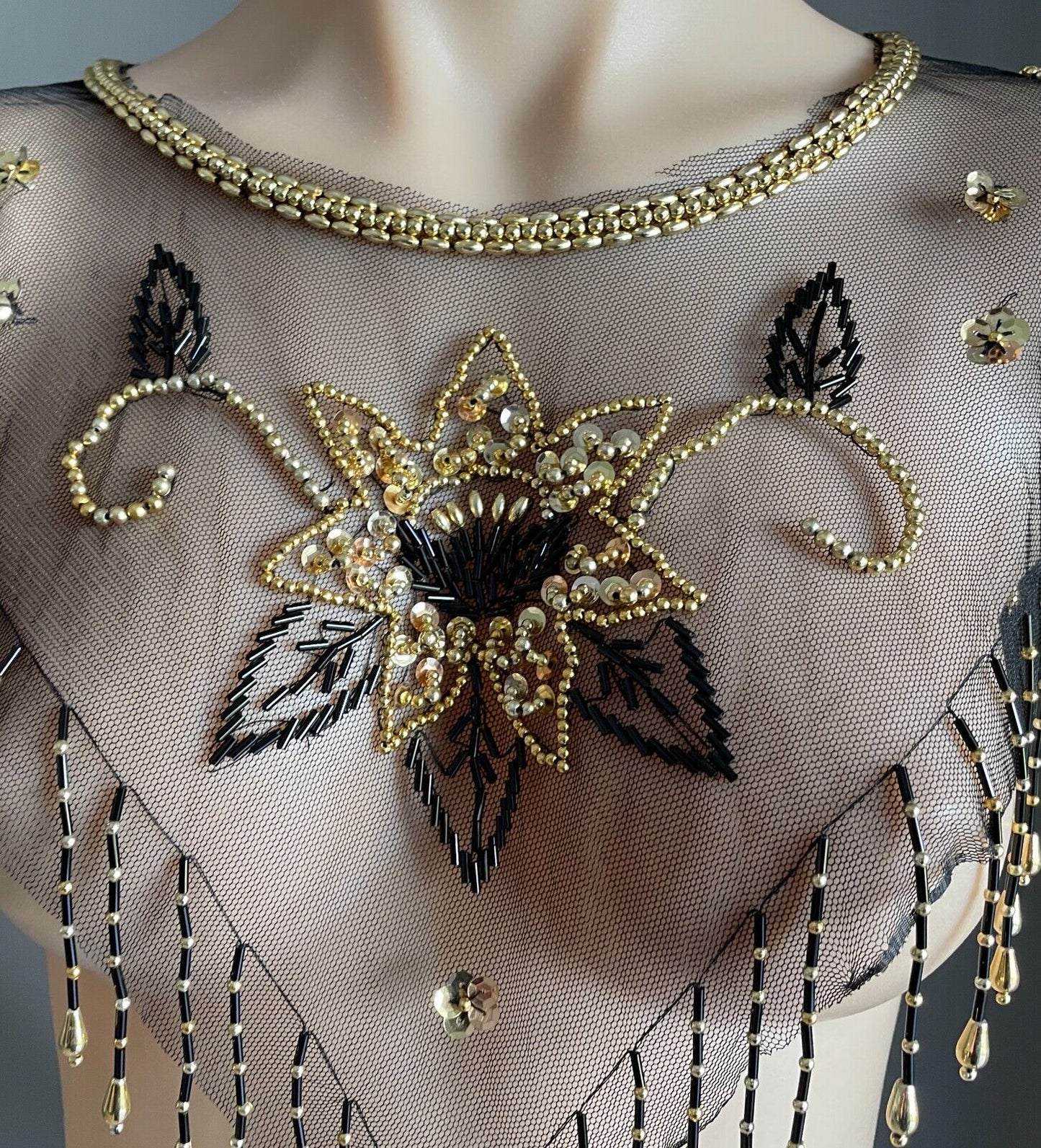 Black Mesh Net Collar Evening Shawl Black Gold Bead Sequin Bolero Flapper 1920s