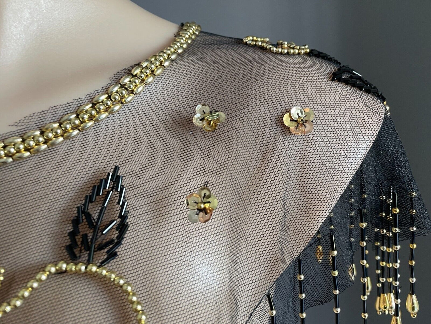 Black Mesh Net Collar Evening Shawl Black Gold Bead Sequin Bolero Flapper 1920s