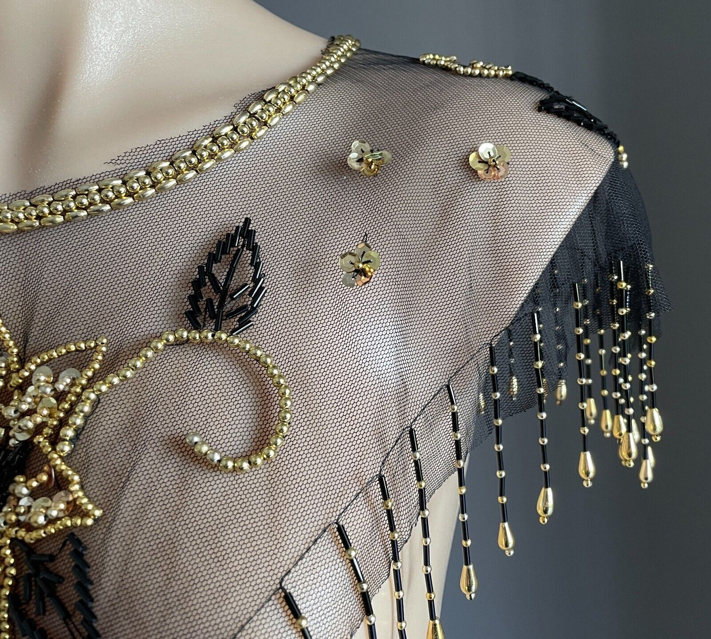 Black Mesh Net Collar Evening Shawl Black Gold Bead Sequin Bolero Flapper 1920s