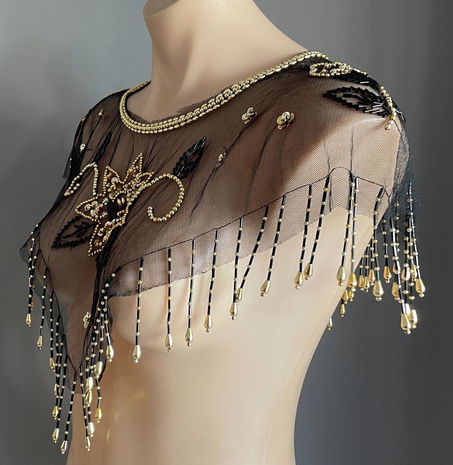 Black Mesh Net Collar Evening Shawl Black Gold Bead Sequin Bolero Flapper 1920s