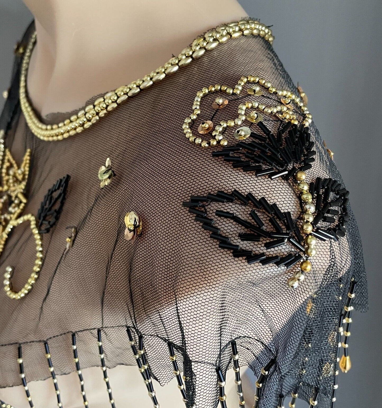 Black Mesh Net Collar Evening Shawl Black Gold Bead Sequin Bolero Flapper 1920s