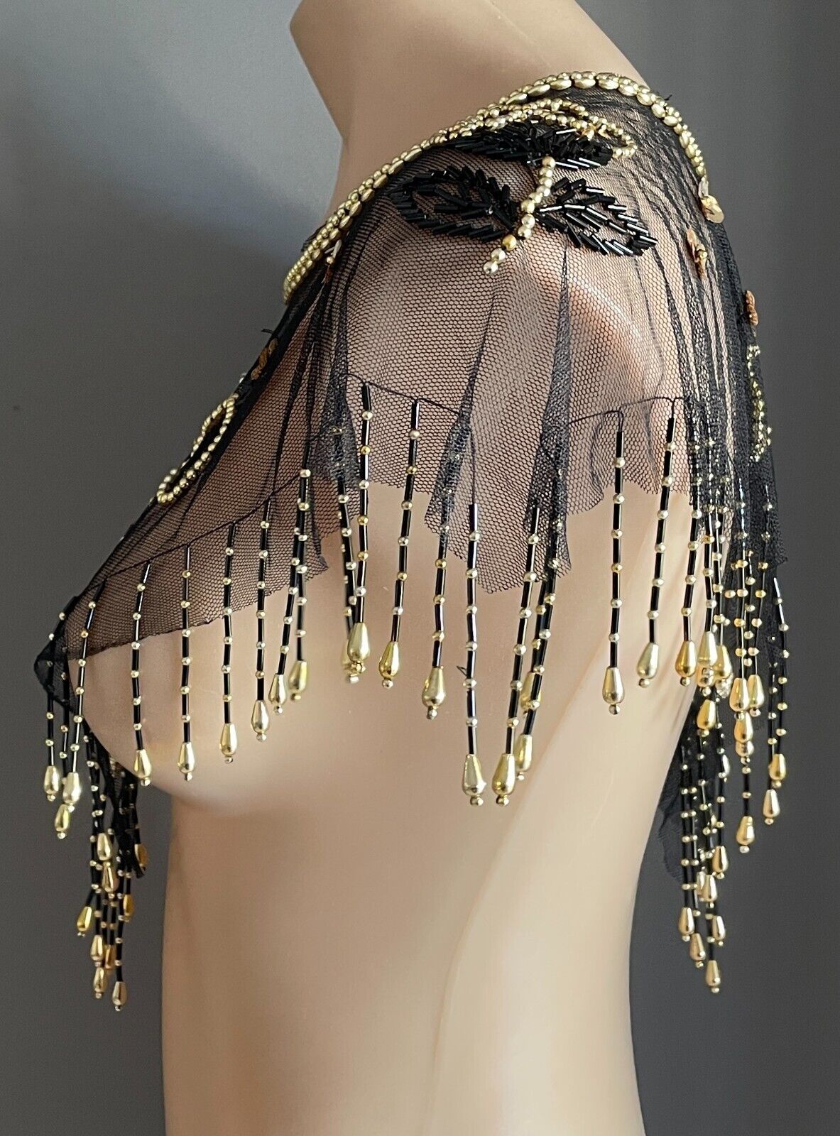 Black Mesh Net Collar Evening Shawl Black Gold Bead Sequin Bolero Flapper 1920s