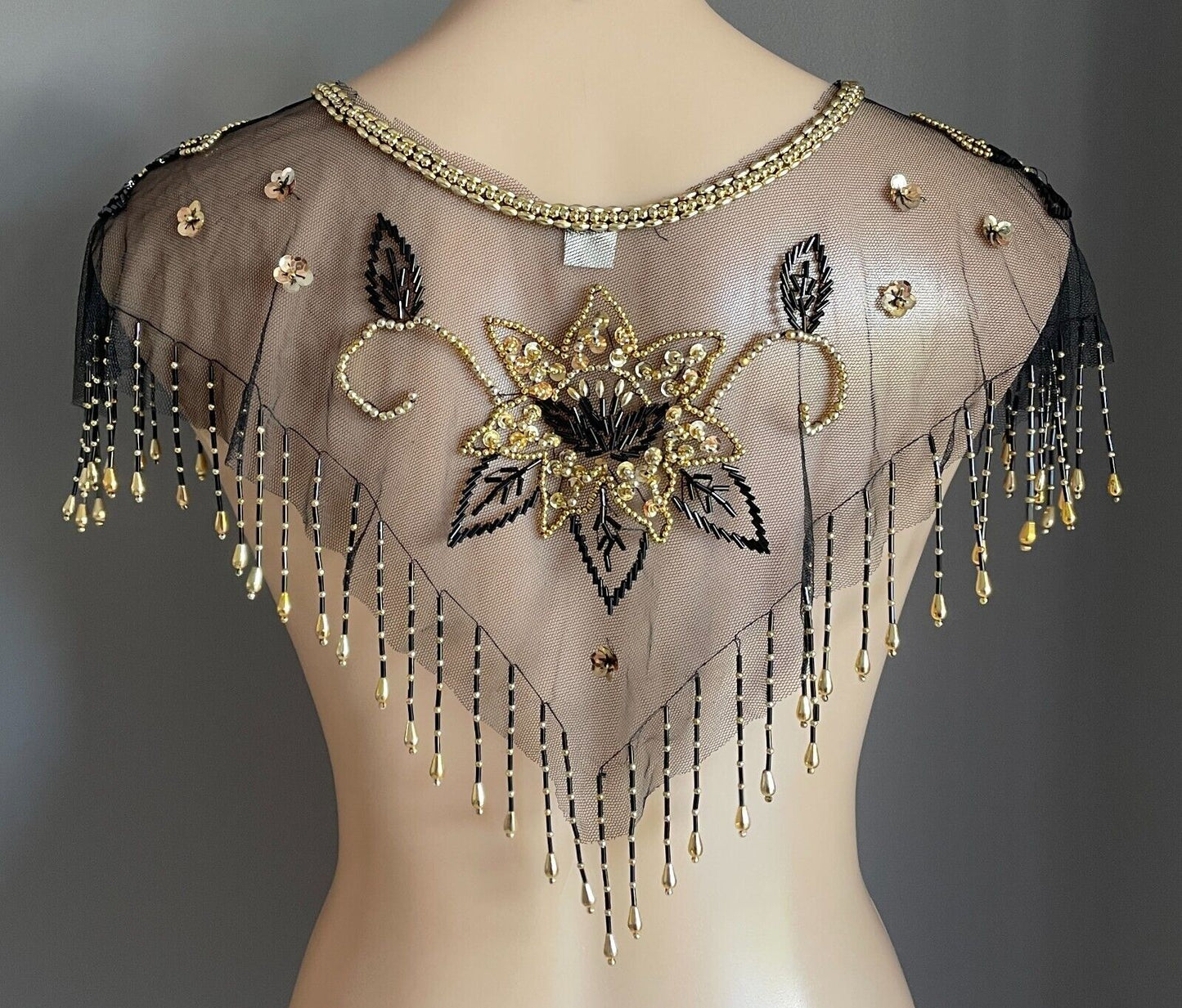 Black Mesh Net Collar Evening Shawl Black Gold Bead Sequin Bolero Flapper 1920s