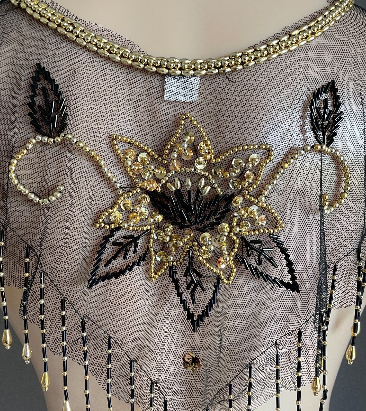 Black Mesh Net Collar Evening Shawl Black Gold Bead Sequin Bolero Flapper 1920s