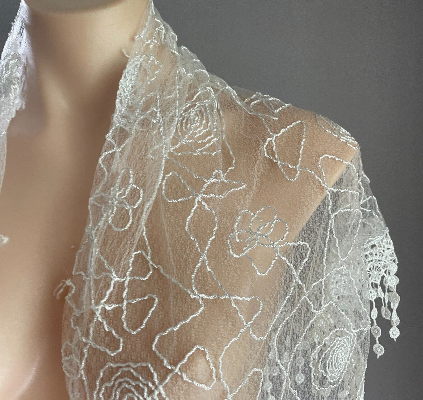 Triangle Shawl White & Silver Thread Semi Sheer Cornelli Floral Lace Trim Scarf