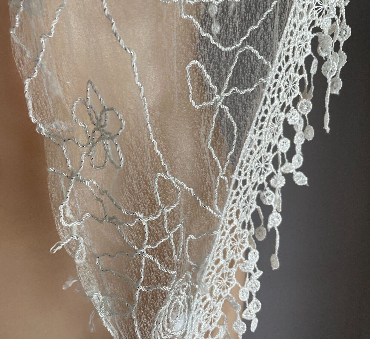 Triangle Shawl White & Silver Thread Semi Sheer Cornelli Floral Lace Trim Scarf