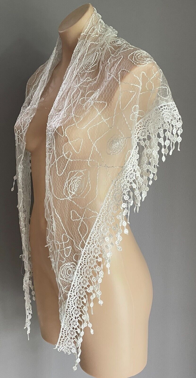 Triangle Shawl White & Silver Thread Semi Sheer Cornelli Floral Lace Trim Scarf