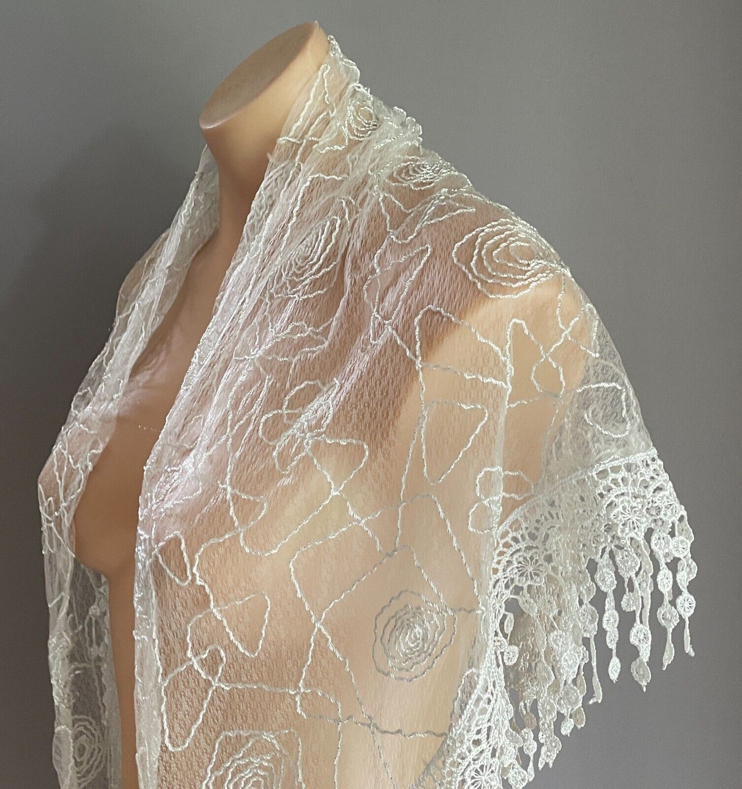 Triangle Shawl White & Silver Thread Semi Sheer Cornelli Floral Lace Trim Scarf