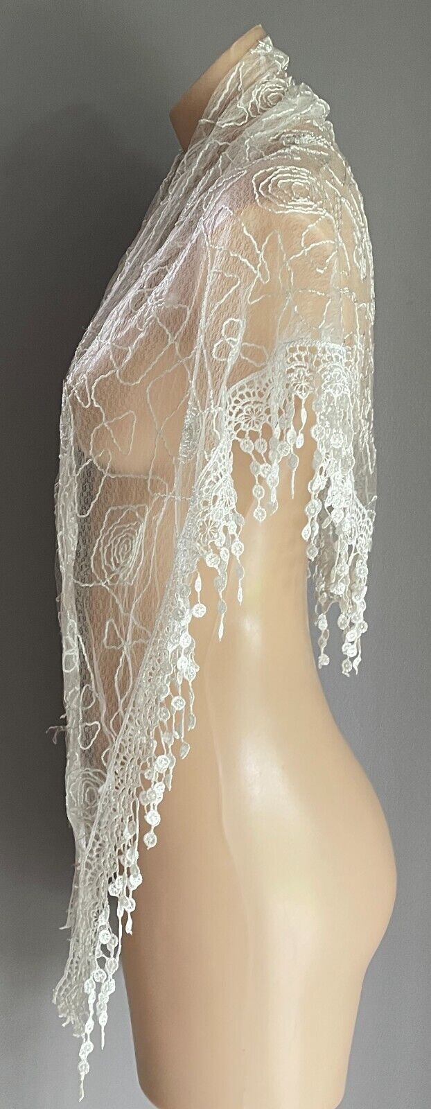 Triangle Shawl White & Silver Thread Semi Sheer Cornelli Floral Lace Trim Scarf