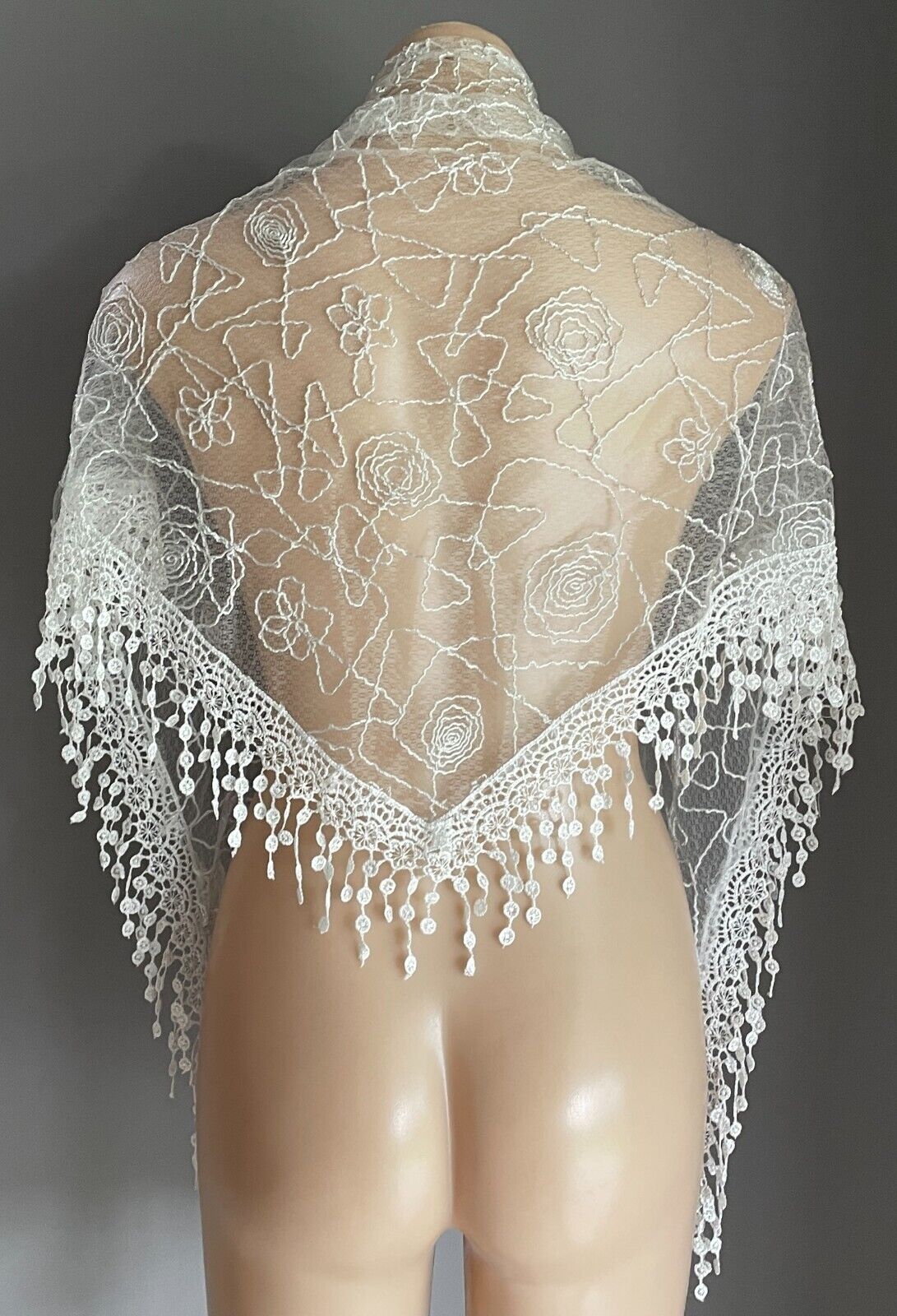 Triangle Shawl White & Silver Thread Semi Sheer Cornelli Floral Lace Trim Scarf
