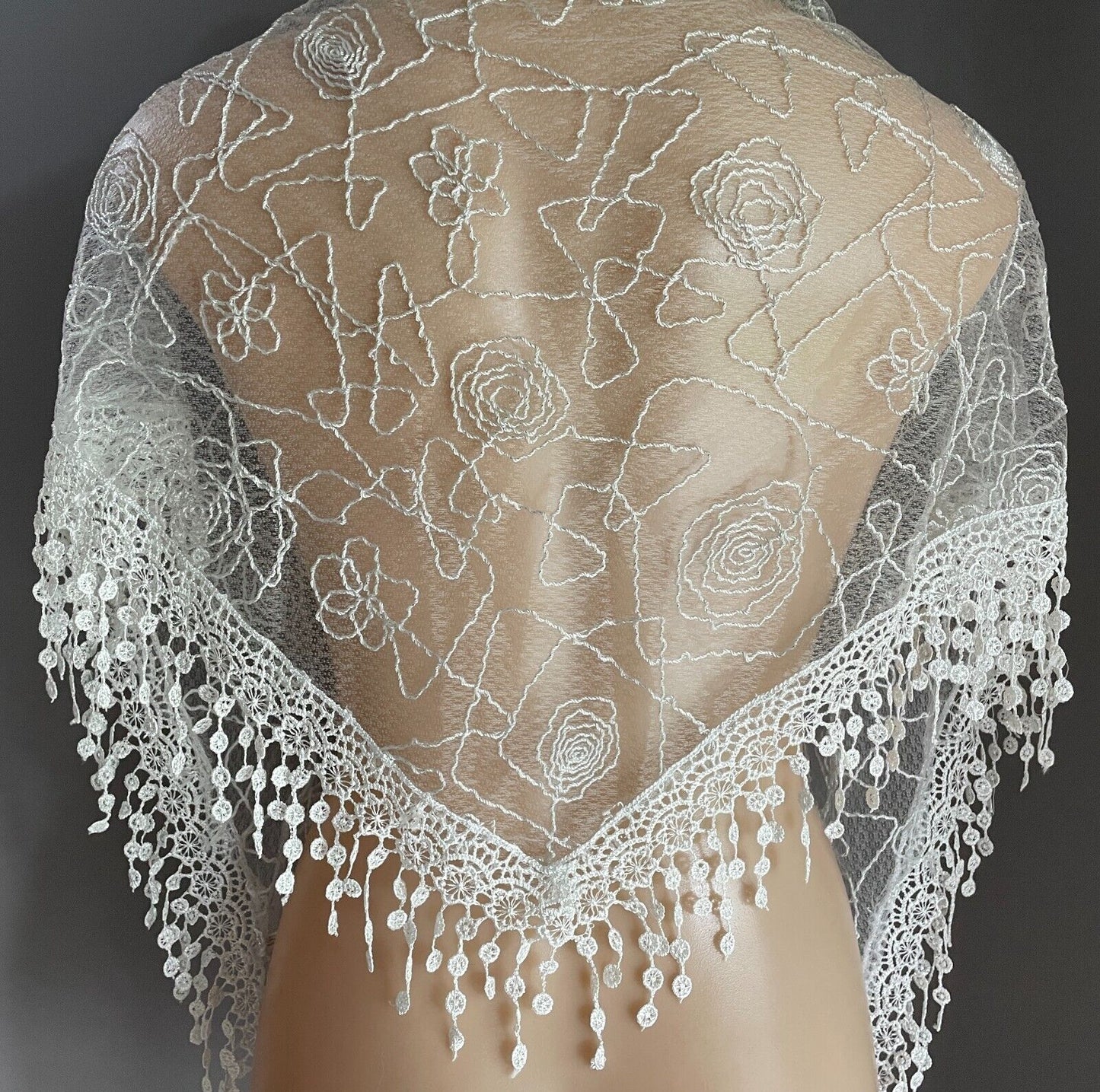 Triangle Shawl White & Silver Thread Semi Sheer Cornelli Floral Lace Trim Scarf