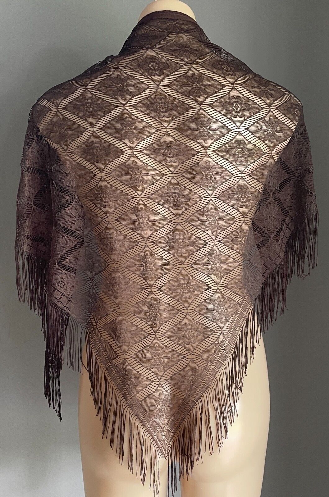 Shoulder Hip SCARF Shawl Brown Floral Nylon Lace Fringed Triangle Shape India