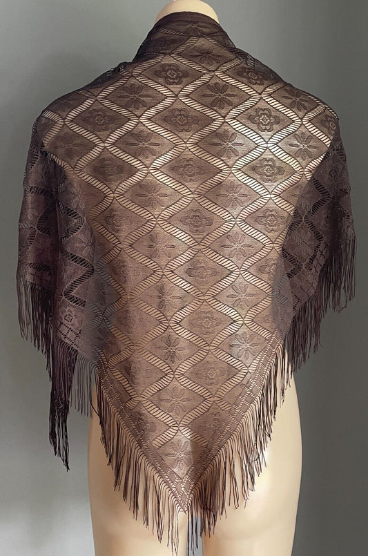 Shoulder Hip SCARF Shawl Brown Floral Nylon Lace Fringed Triangle Shape India