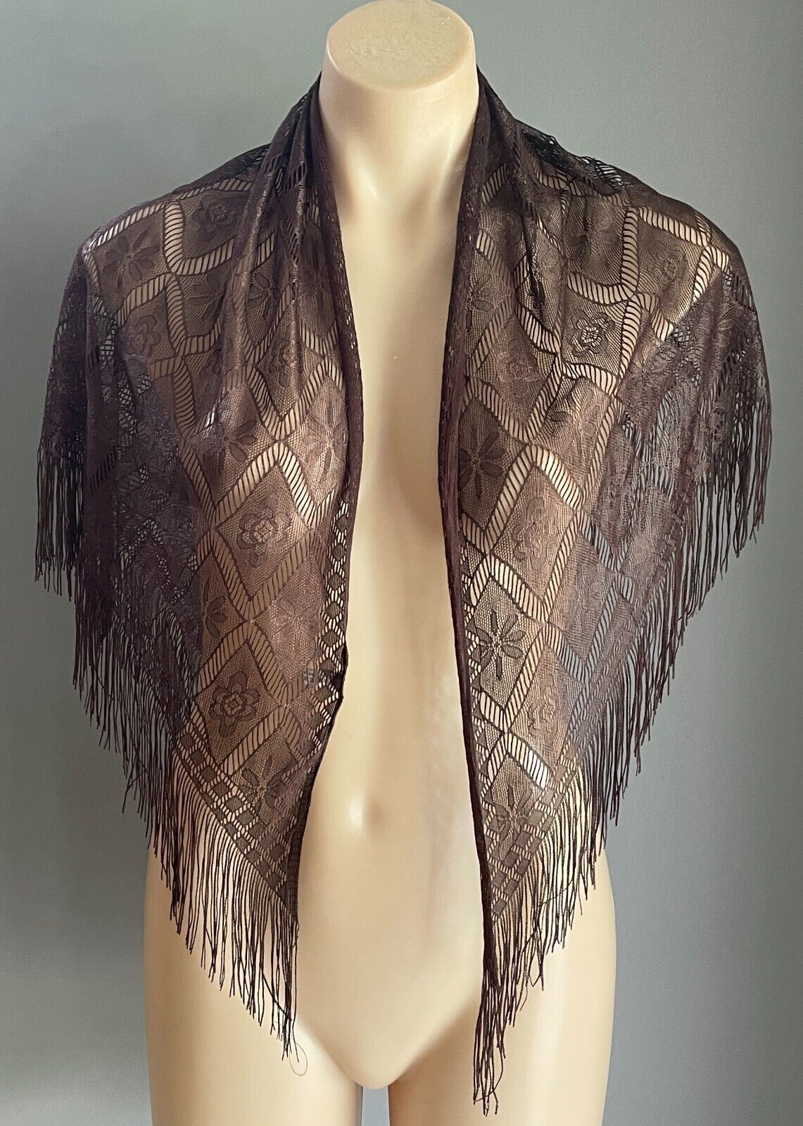 Shoulder Hip SCARF Shawl Brown Floral Nylon Lace Fringed Triangle Shape India