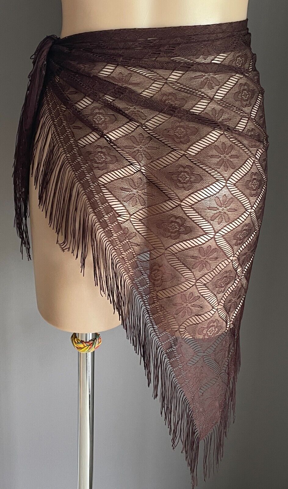 Shoulder Hip SCARF Shawl Brown Floral Nylon Lace Fringed Triangle Shape India