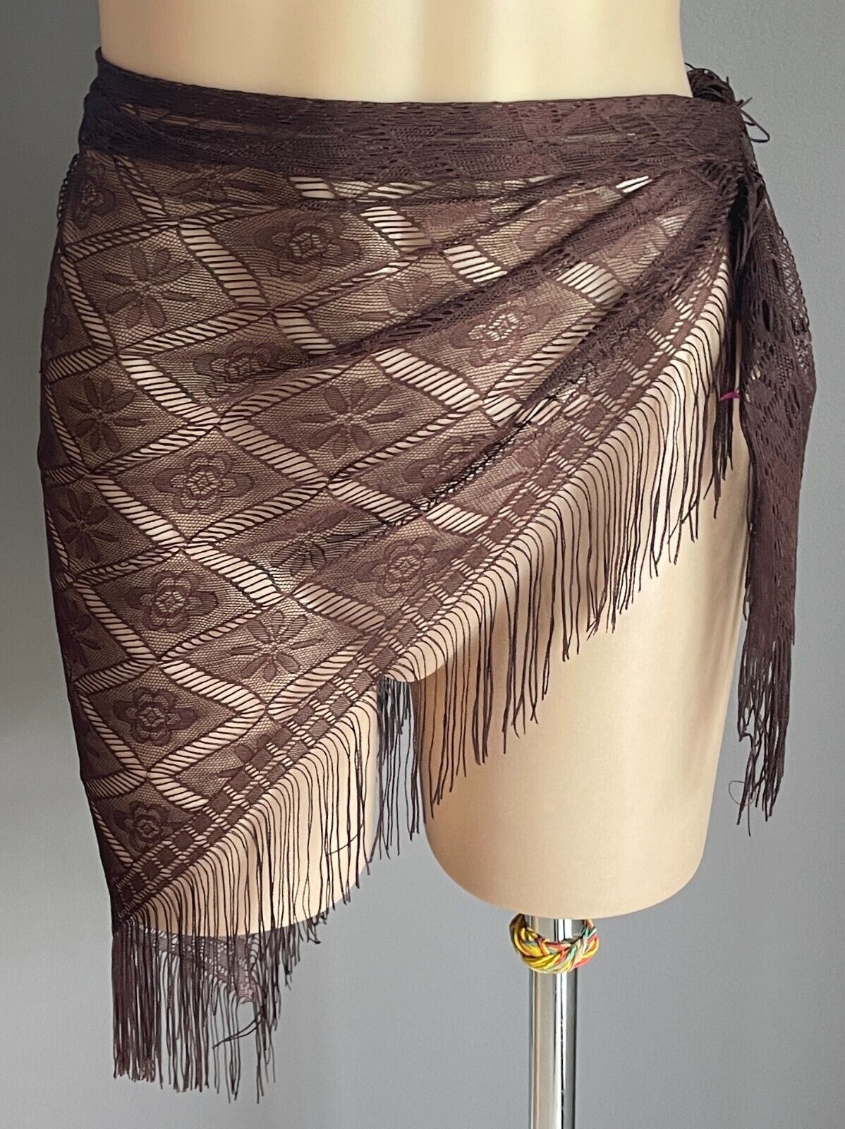 Shoulder Hip SCARF Shawl Brown Floral Nylon Lace Fringed Triangle Shape India