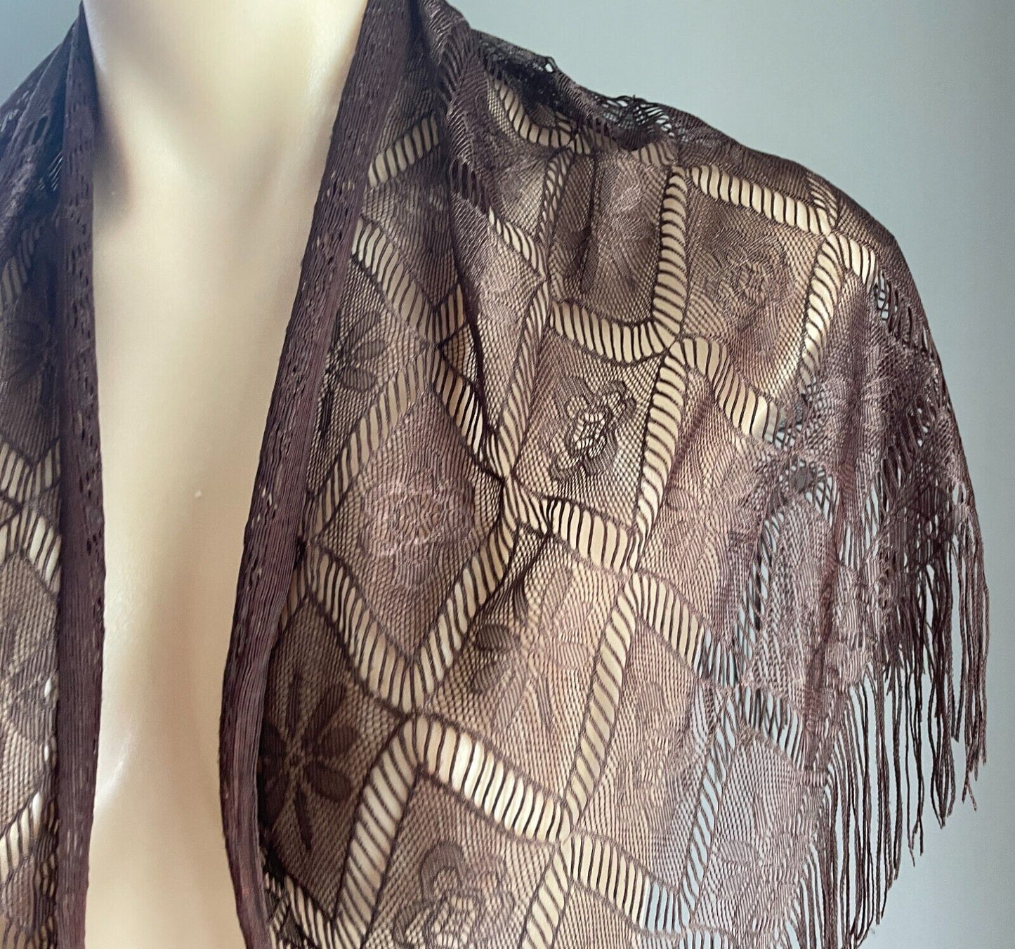 Shoulder Hip SCARF Shawl Brown Floral Nylon Lace Fringed Triangle Shape India