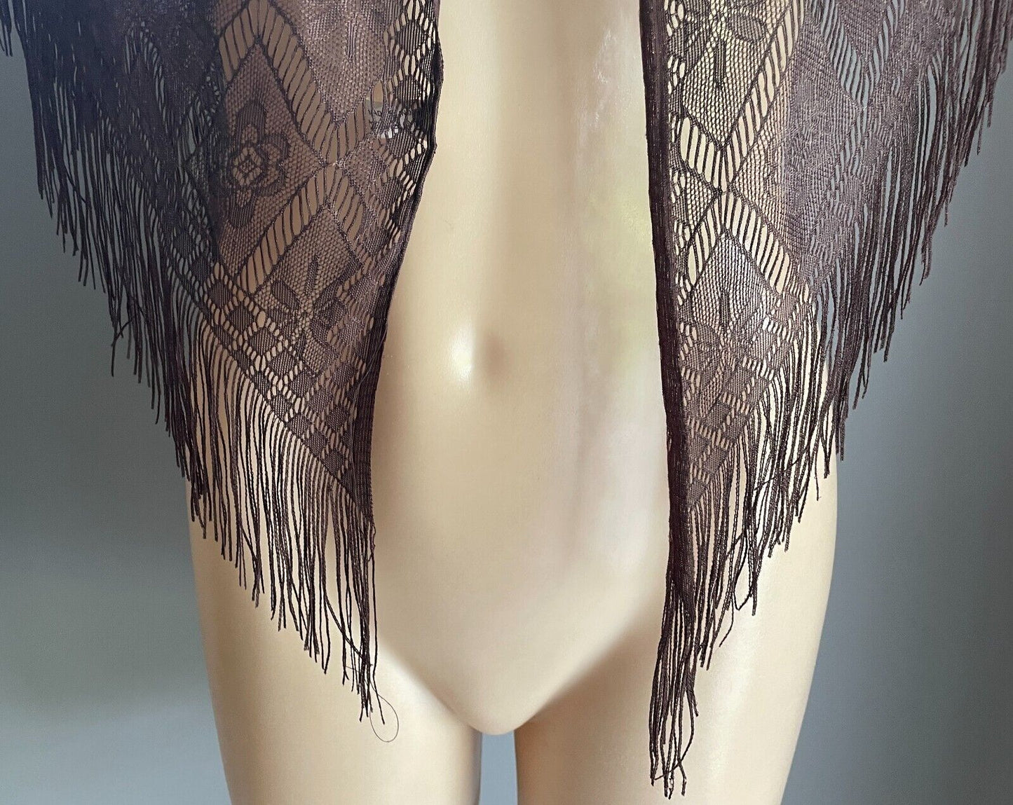 Shoulder Hip SCARF Shawl Brown Floral Nylon Lace Fringed Triangle Shape India