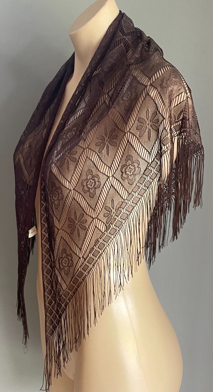 Shoulder Hip SCARF Shawl Brown Floral Nylon Lace Fringed Triangle Shape India