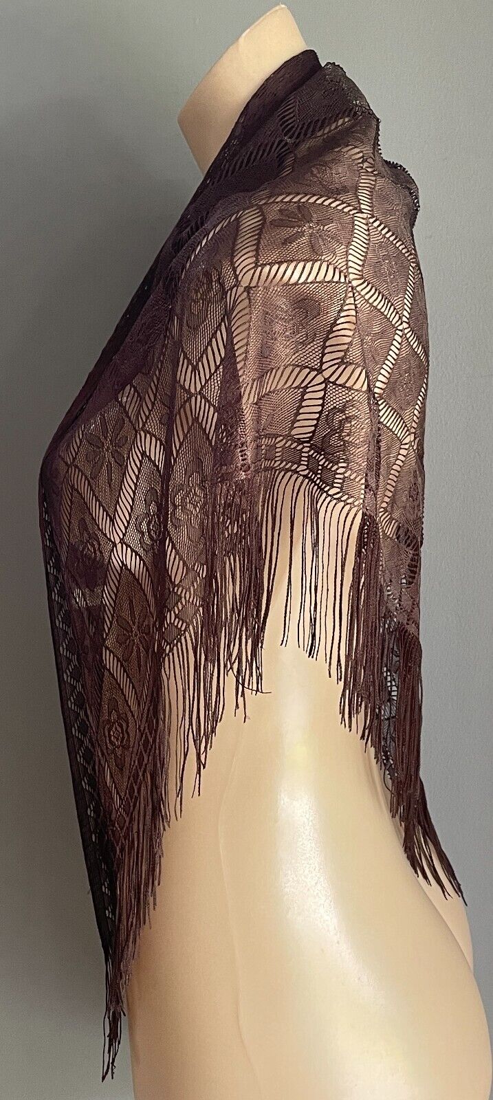 Shoulder Hip SCARF Shawl Brown Floral Nylon Lace Fringed Triangle Shape India