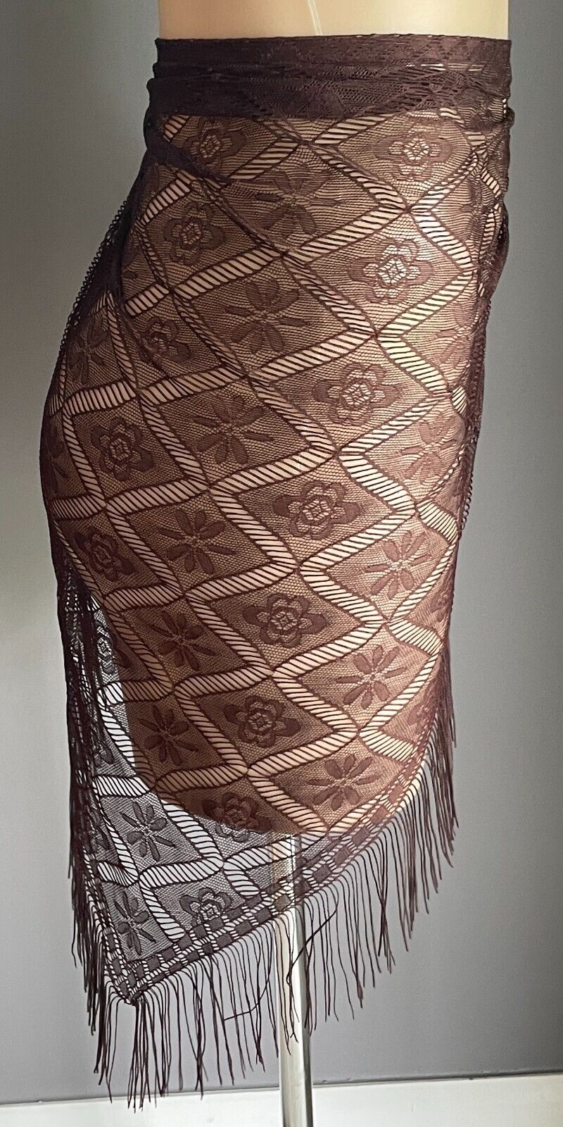 Shoulder Hip SCARF Shawl Brown Floral Nylon Lace Fringed Triangle Shape India