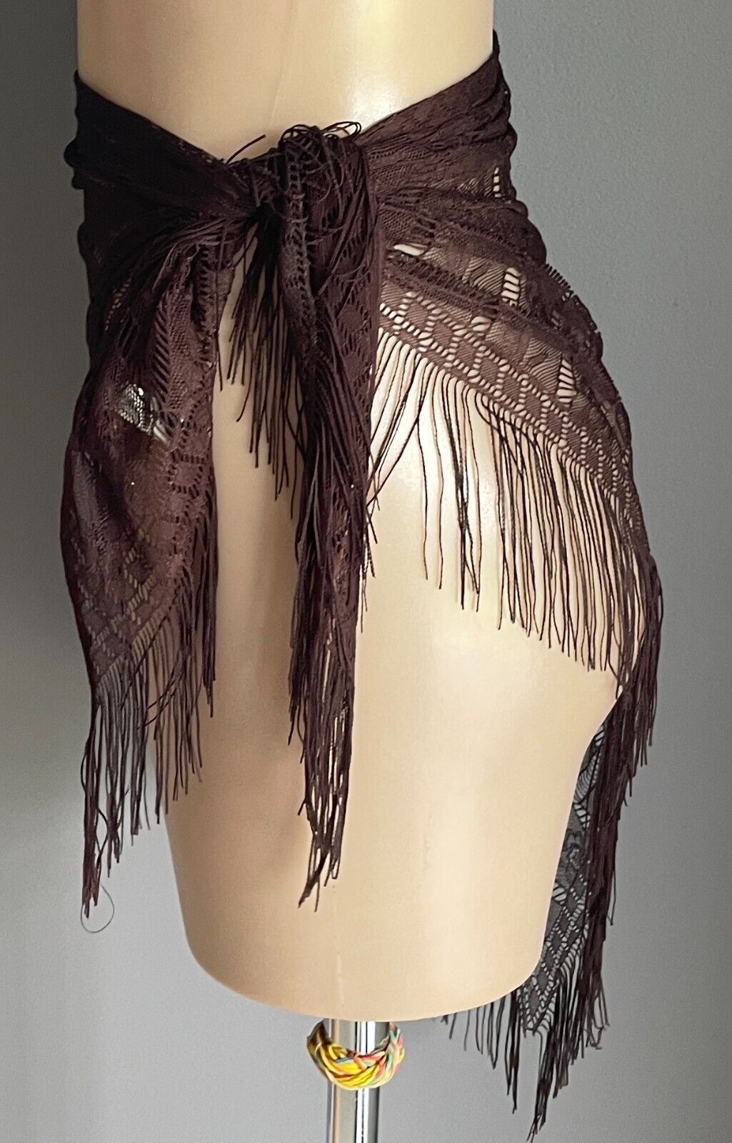 Shoulder Hip SCARF Shawl Brown Floral Nylon Lace Fringed Triangle Shape India