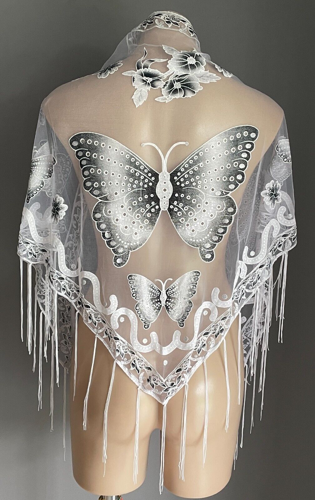 Neck Hip SCARF White Net Shawl Black Grey White Flower Butterfly Glitter Fringed