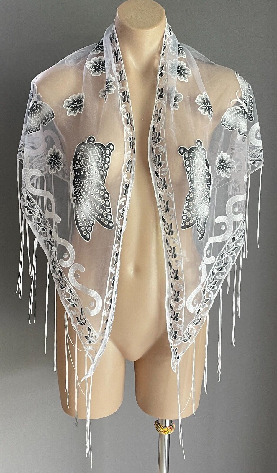 Neck Hip SCARF White Net Shawl Black Grey White Flower Butterfly Glitter Fringed