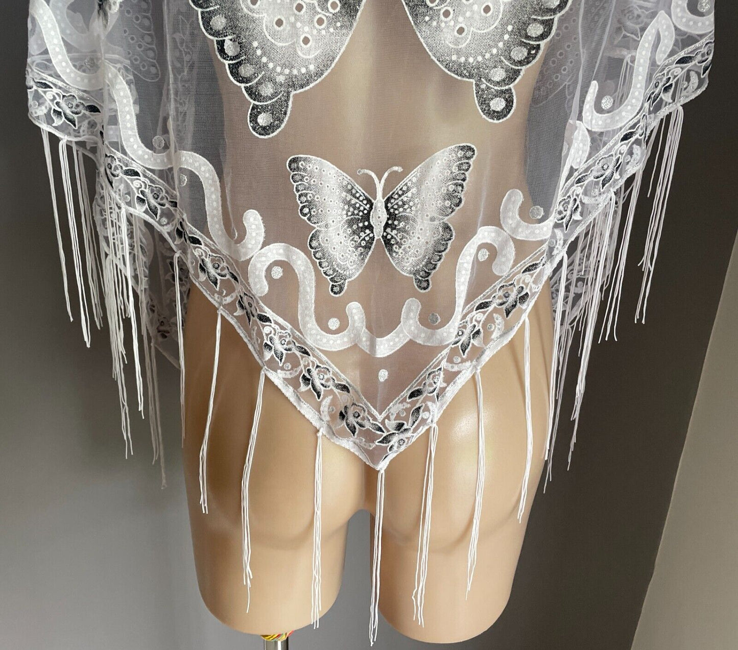 Neck Hip SCARF White Net Shawl Black Grey White Flower Butterfly Glitter Fringed